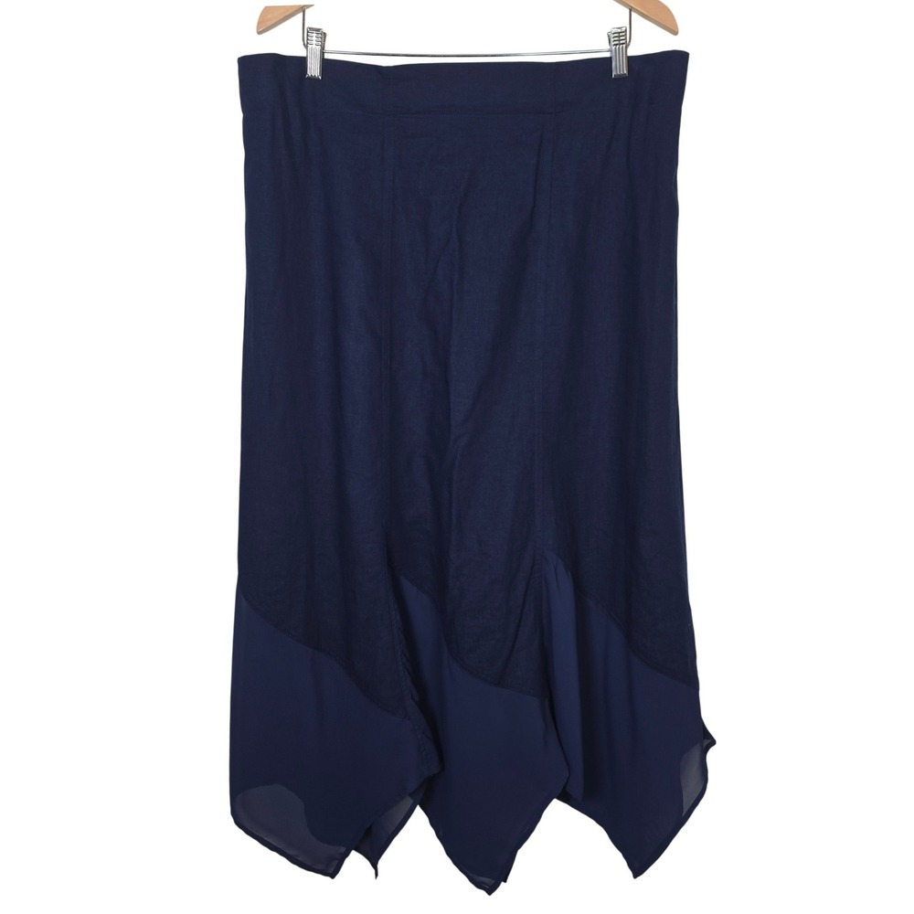 Chicos Navy Blue Linen Blend Handkerchief Hem Midi Skirt Size 3 XL 16 Flowy